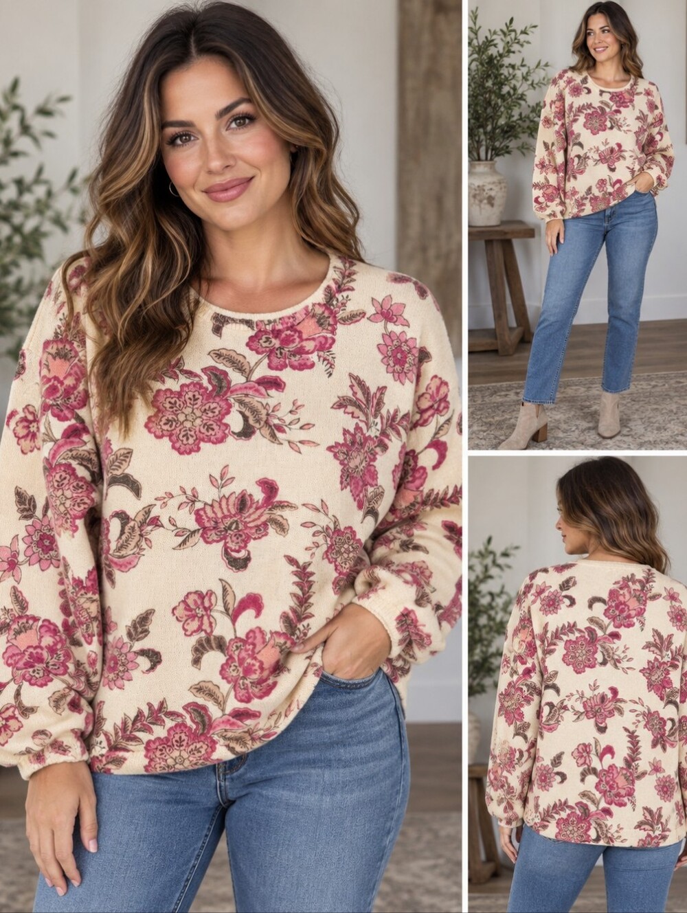 Penelope Rose Plus Size 3X Ivory Pink Floral Pullover Sweater NWT